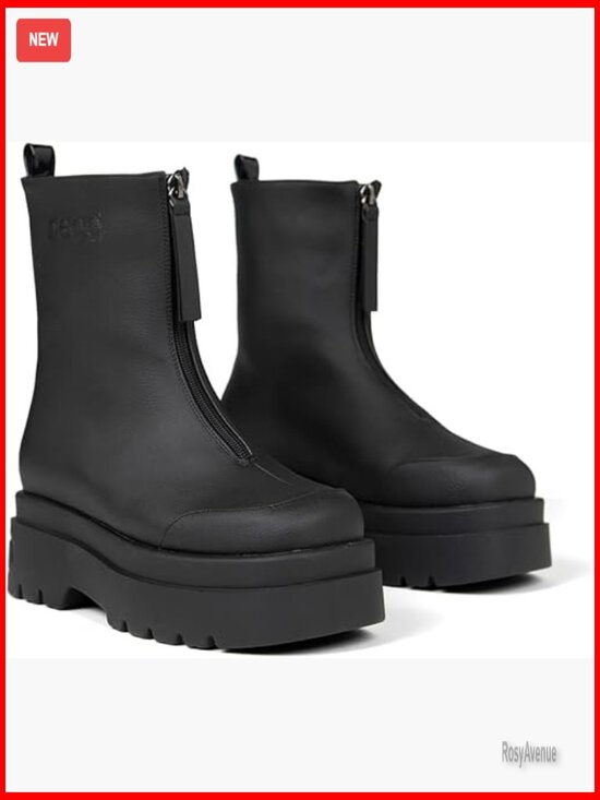 Shoes - Platform Ankle Boots Women Chunky Combat Vegan Leather Front Zipper